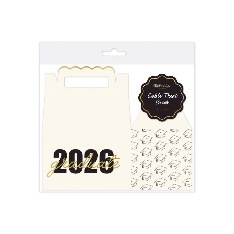 Packaging for a 6-count set of white gable boxes with gold foil 2026 graduate branding.