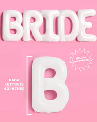 Infographic showing white BRIDE letter balloons spelling bride with callouts for 40 inch letter size and helium supported on pink background