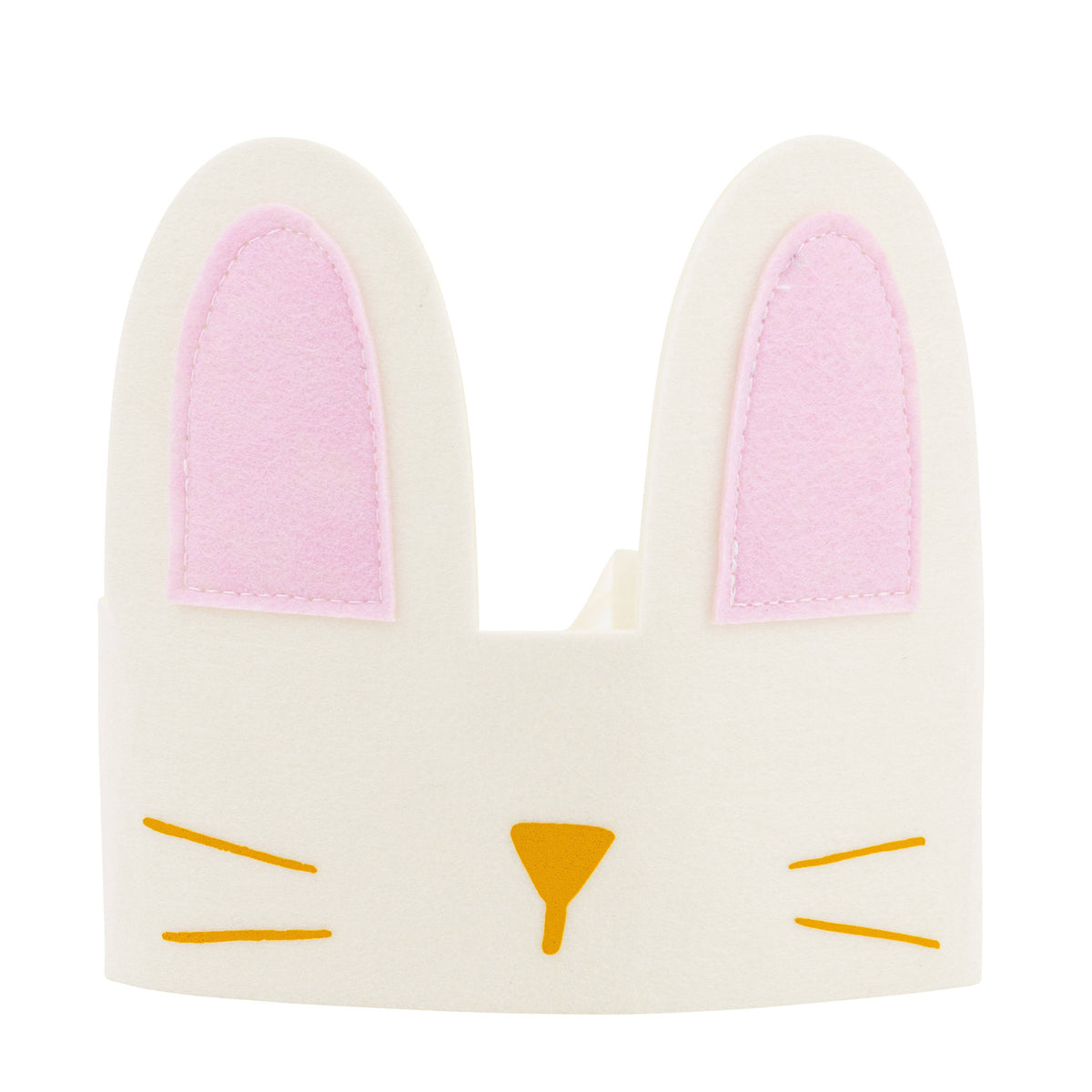A high-quality white felt bunny crown featuring soft pink ears, a yellow nose, and embroidered whiskers with white ribbon ties for an adjustable fit.