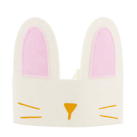 A high-quality white felt bunny crown featuring soft pink ears, a yellow nose, and embroidered whiskers with white ribbon ties for an adjustable fit.