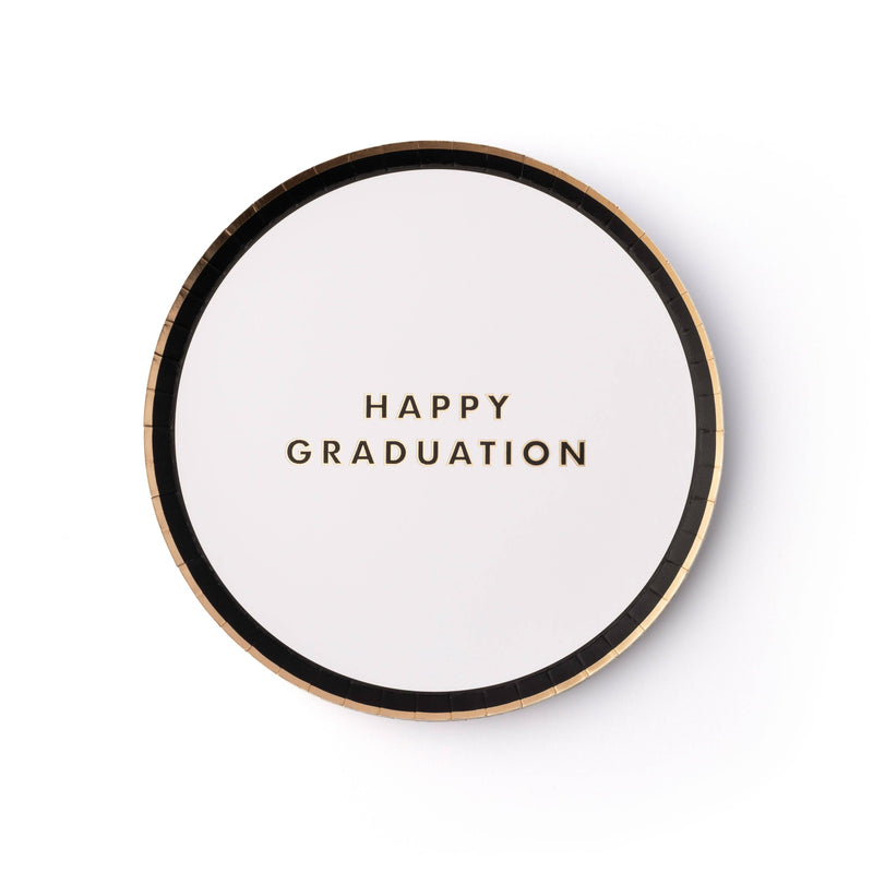 White graduation snack plate with gold lettering saying "Happy Graduation"