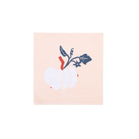 Isolated 5-inch white pumpkin napkin on peach background, front view.