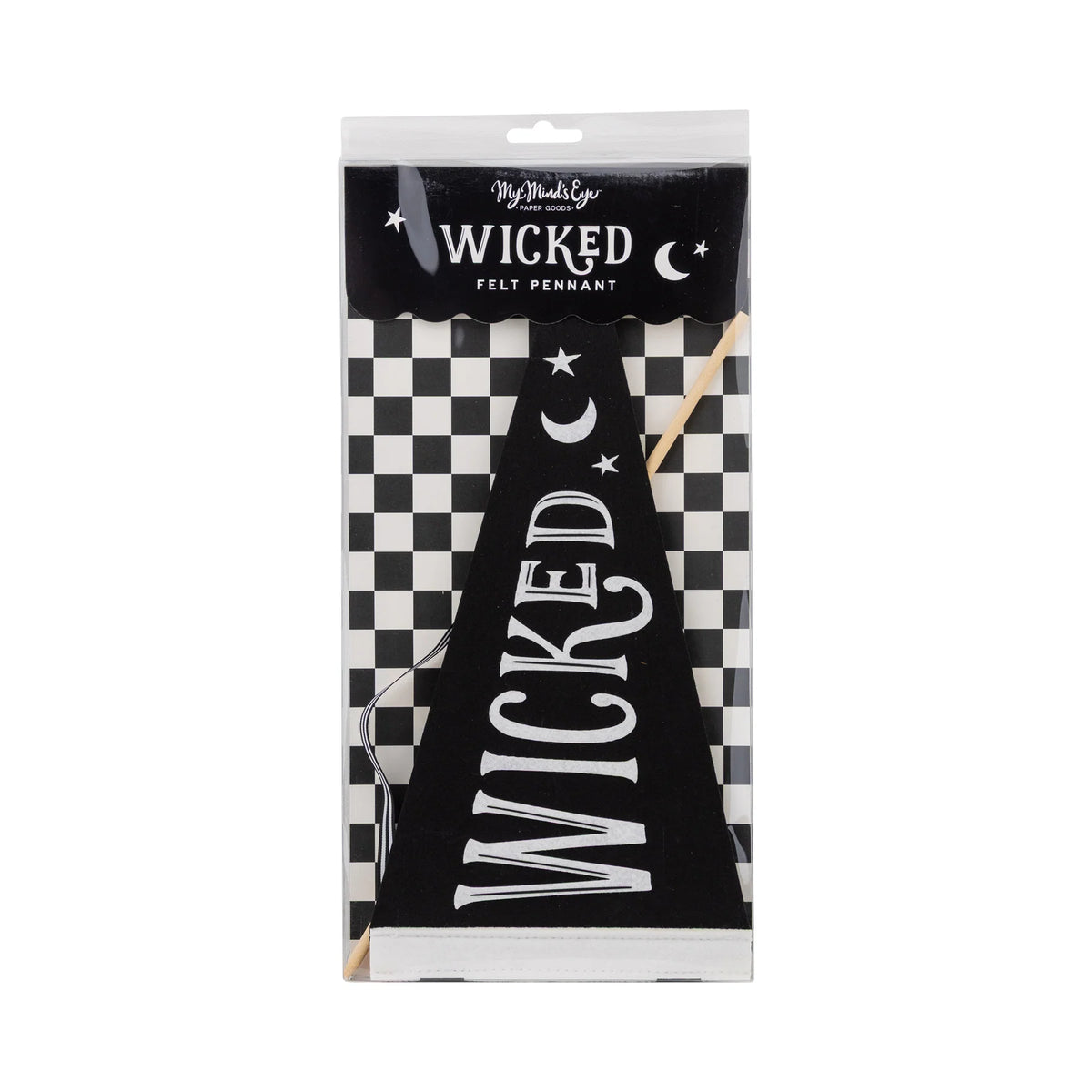 Close-up of WICKED felt pennant—reusable party supplies for spooky styling.