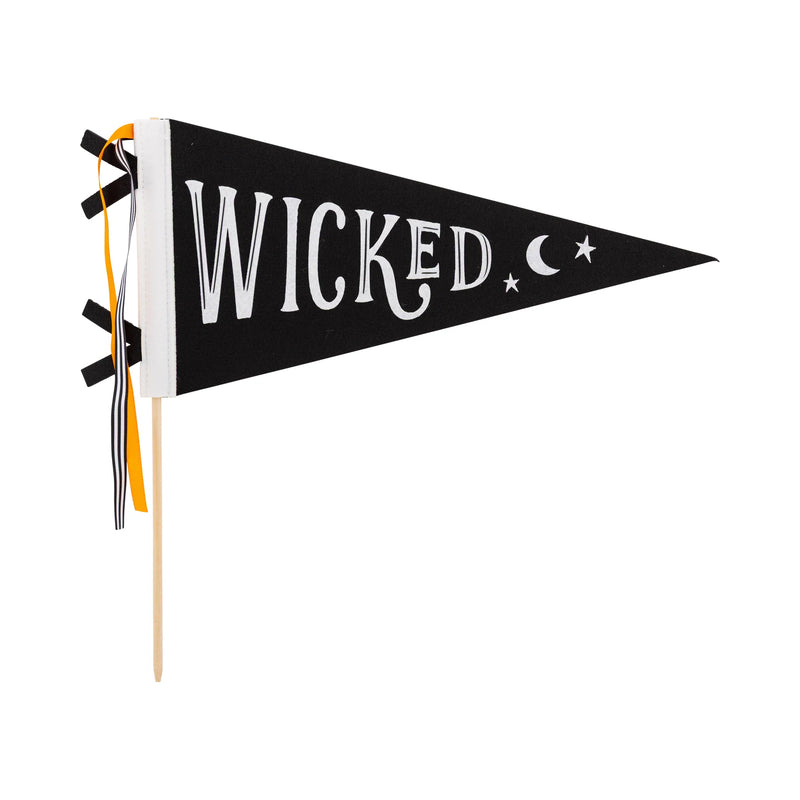 Black WICKED felt pennant with orange and striped ribbons—perfect Boo Basket stuffer.