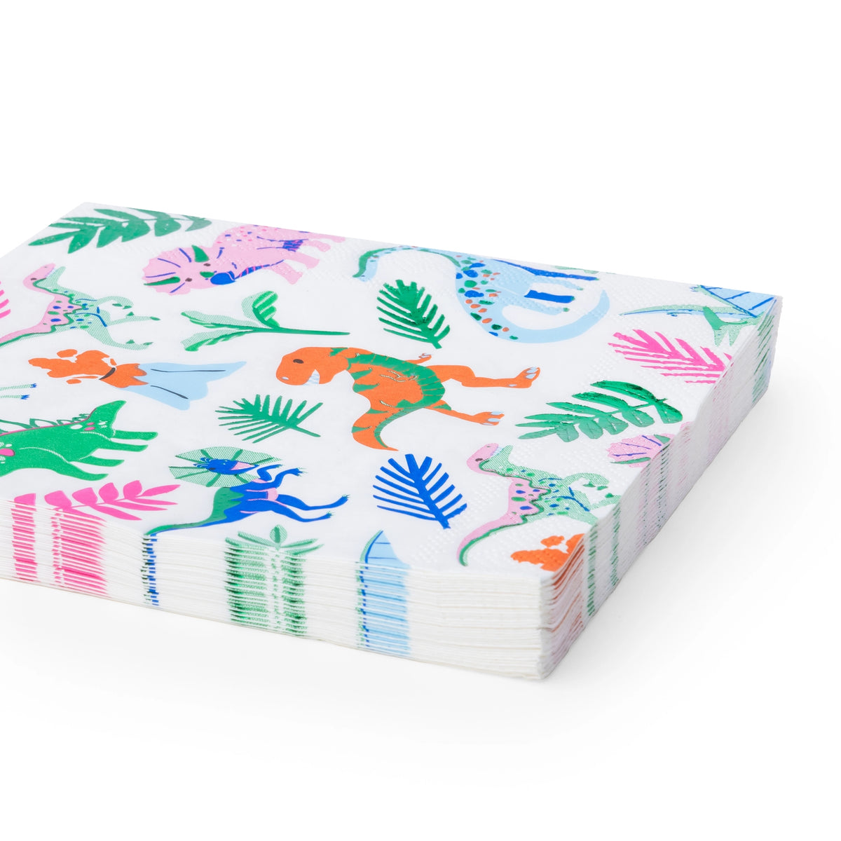 Wild Dinosaur napkins shown folded and stacked at an angle