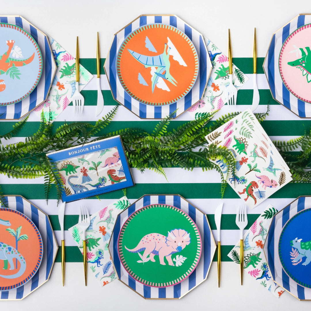 Wild Dinosaur napkins styled on a dinosaur party table setting