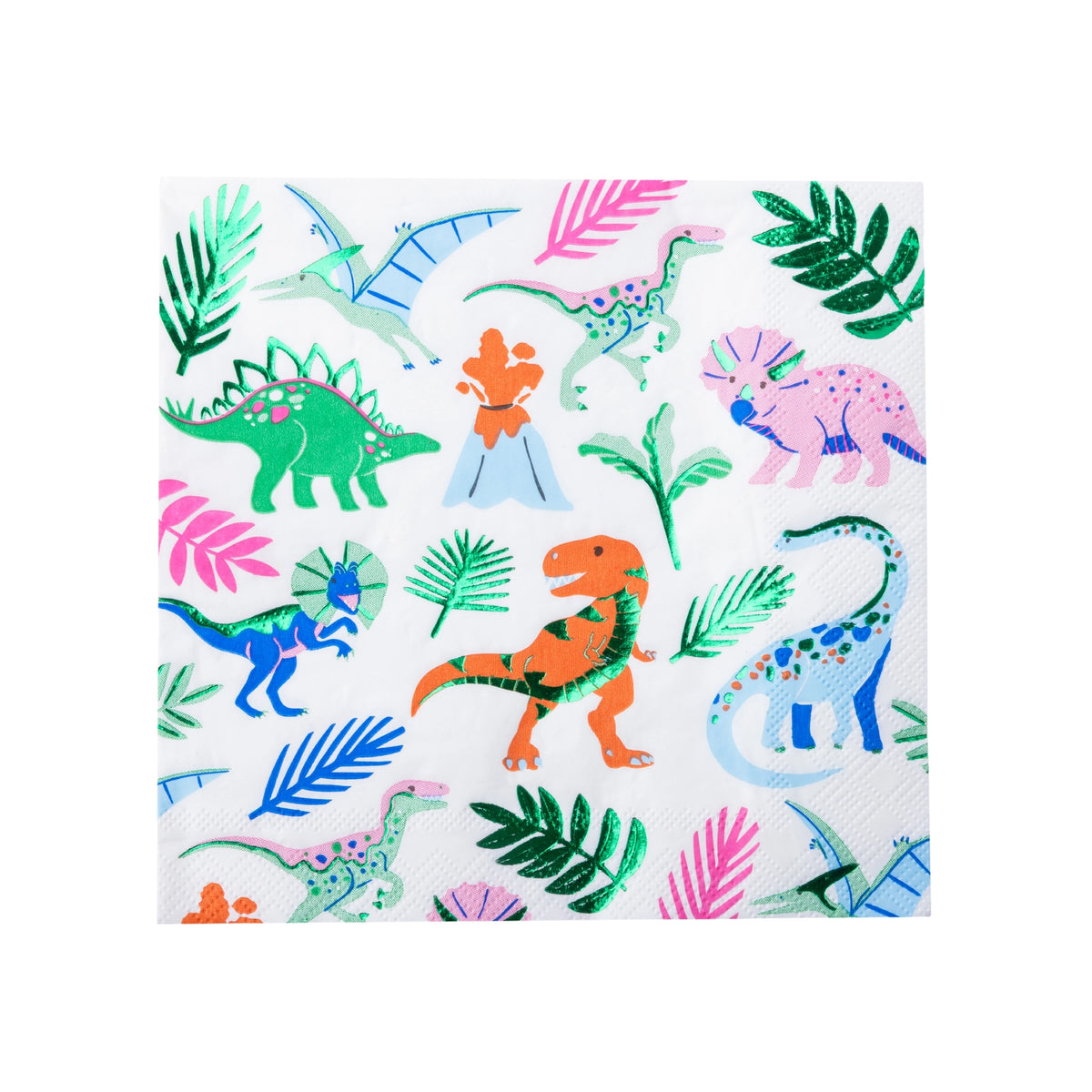 Wild Dinosaur paper napkin with colorful dinos, tropical leaves, and a smoking volcano on white