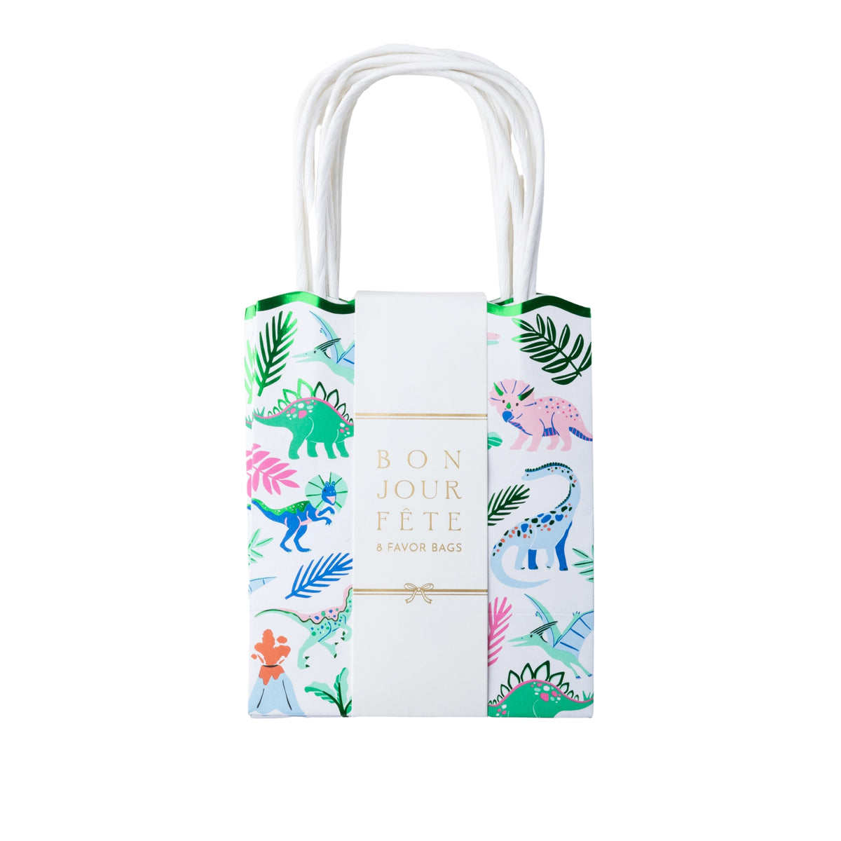 Wild Dinosaur favor bag with colorful dinos, palm leaves, a green scalloped top, and handles