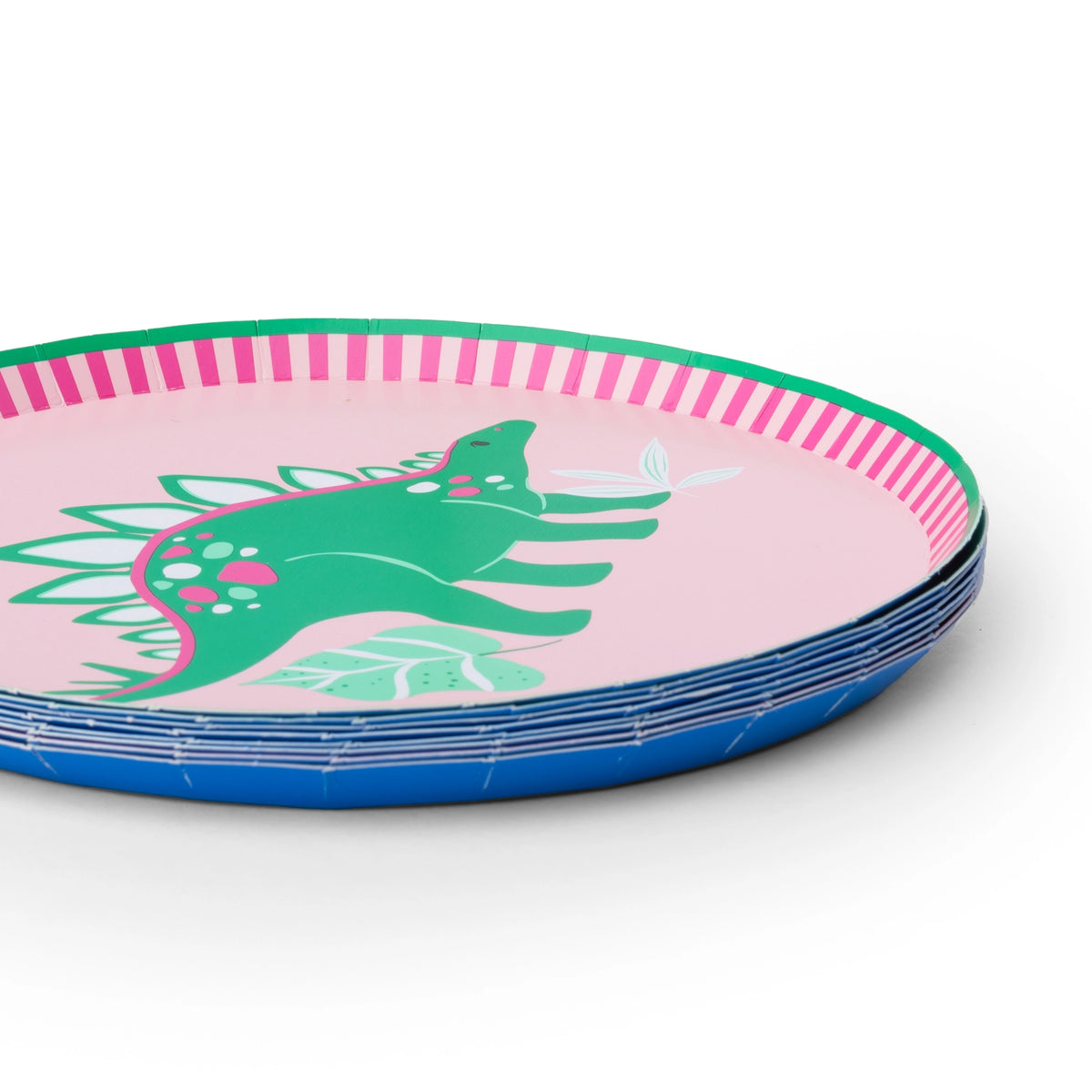 Close-up of a pink Wild Dinosaur plate with a green dinosaur design