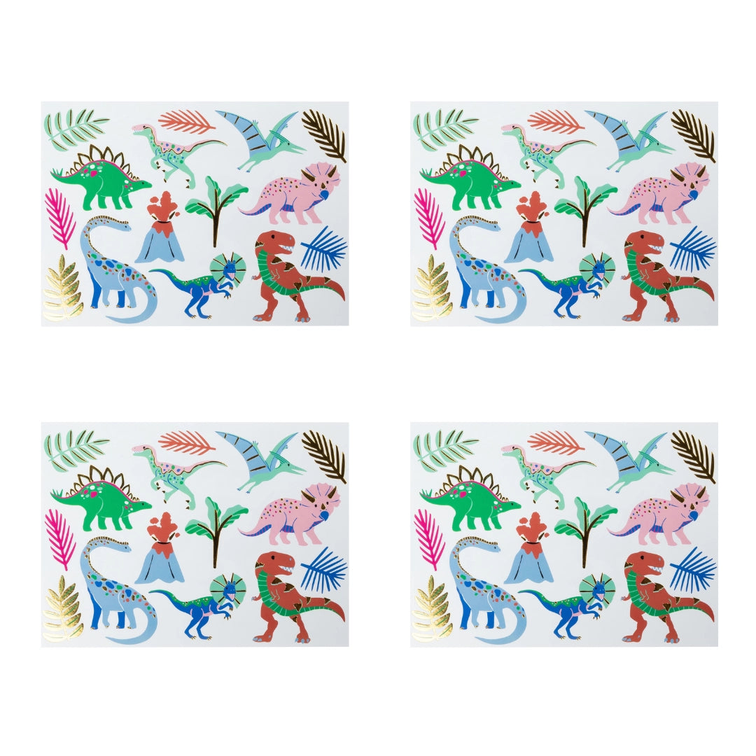 Four Wild Dinosaur tattoo sheets with T-rex, triceratops, stegosaurus, and brontosaurus