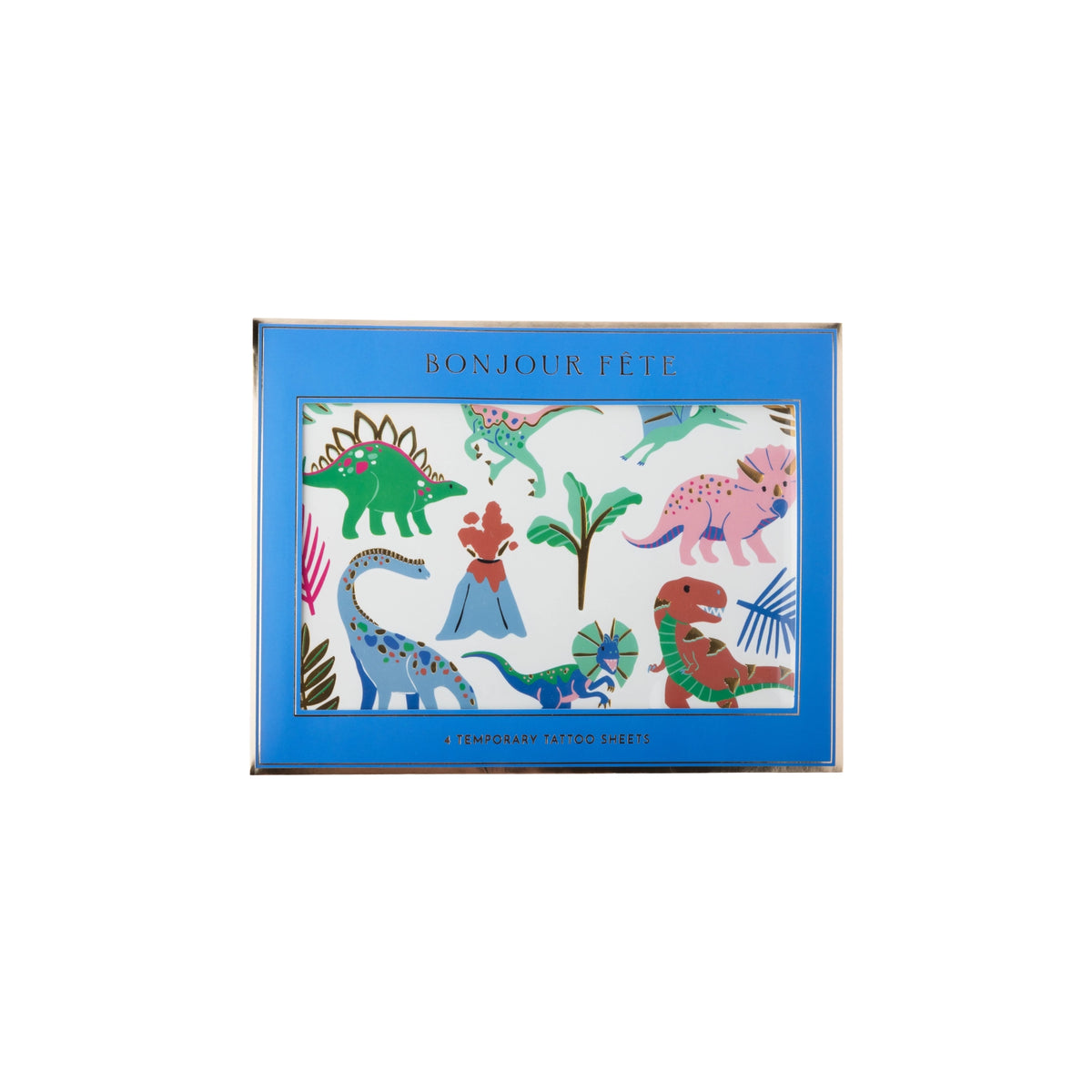 Wild Dinosaur temporary tattoos shown in blue packaging with colorful dinos and a volcano