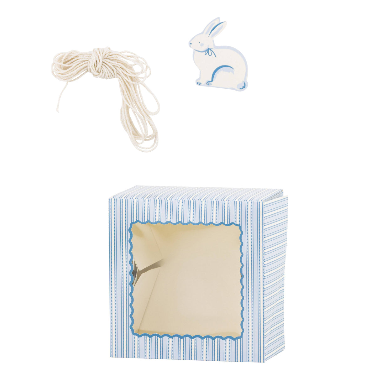 A single blue and white striped cookie box shown with its matching cream twine and white bunny rabbit gift tag.