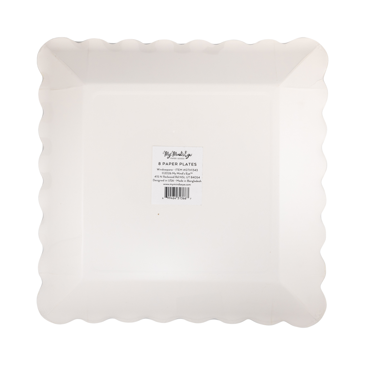 White paper plates with scalloped edge in a clear packaging, back view.