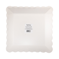 White paper plates with scalloped edge in a clear packaging, back view.