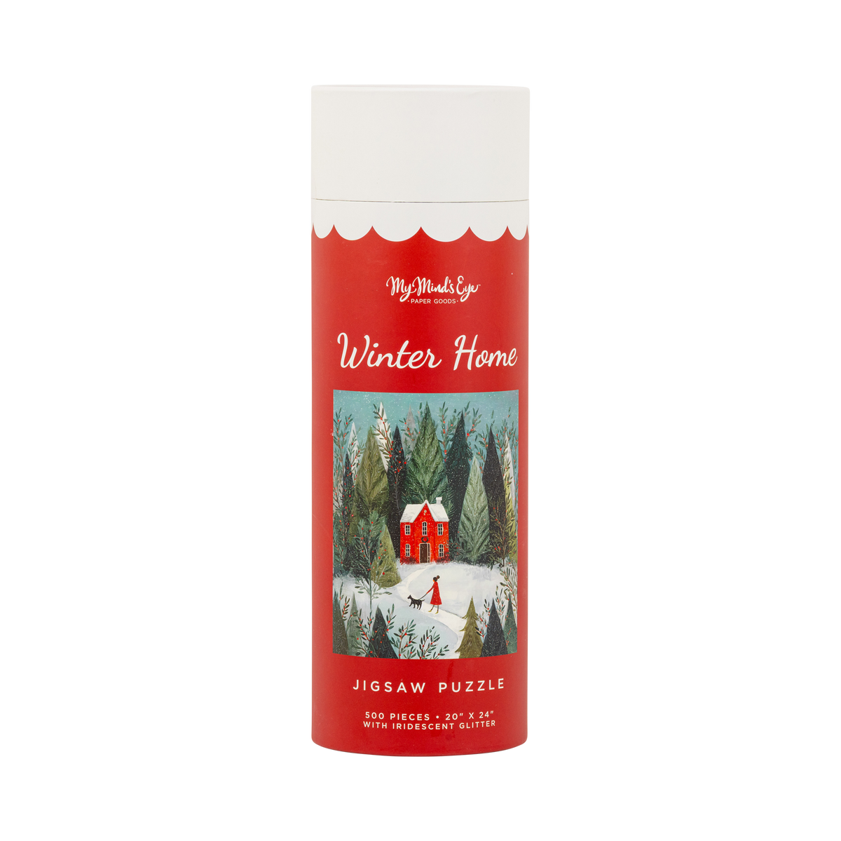 Winter Home 500 piece jigsaw puzzle tube with a winter cabin illustration and iridescent glitter