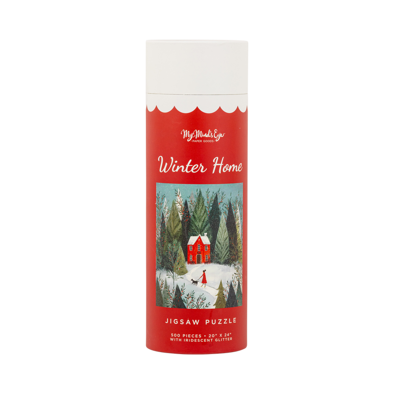Winter Home 500 piece jigsaw puzzle tube with a winter cabin illustration and iridescent glitter