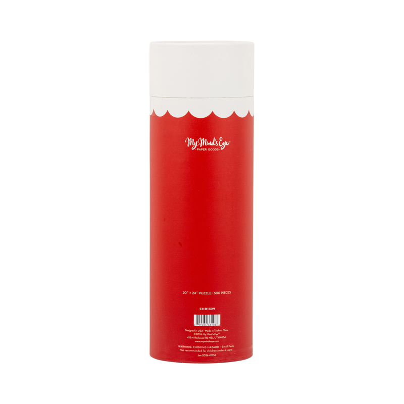 Back of the Winter Home puzzle tube showing product details and barcode