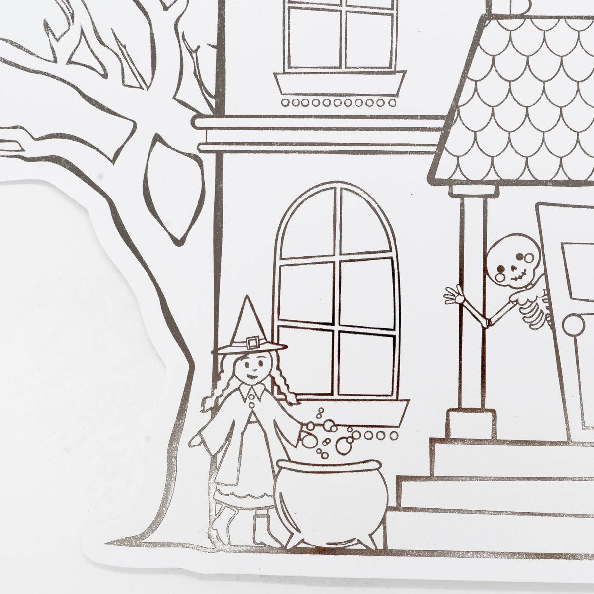 Close up detail of a line-art witch stirring a cauldron on the front steps of the haunted house coloring placemat.