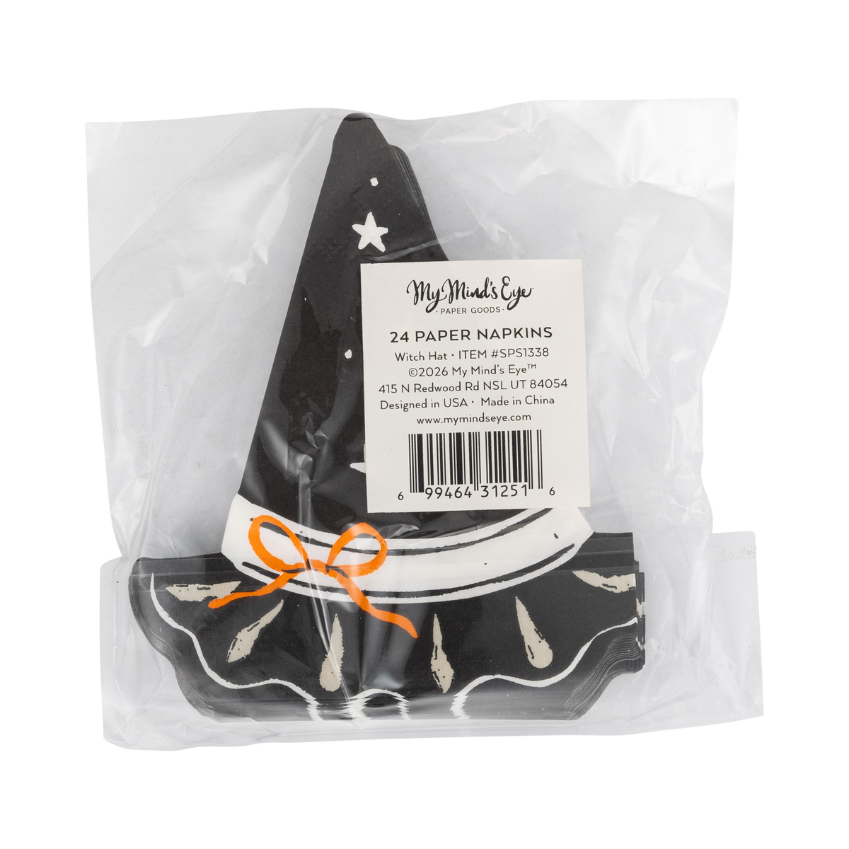 Back of the retail package: a clear bag with a product label reading "24 Paper Napkins • Witch Hat • SPS1338"; the stacked black die-cut witch-hat napkins show the pointed star-dotted crown, cream band with an orange bow, and ruffled brim. Straight-on packaging shot.