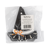 Back of the retail package: a clear bag with a product label reading "24 Paper Napkins • Witch Hat • SPS1338"; the stacked black die-cut witch-hat napkins show the pointed star-dotted crown, cream band with an orange bow, and ruffled brim. Straight-on packaging shot.