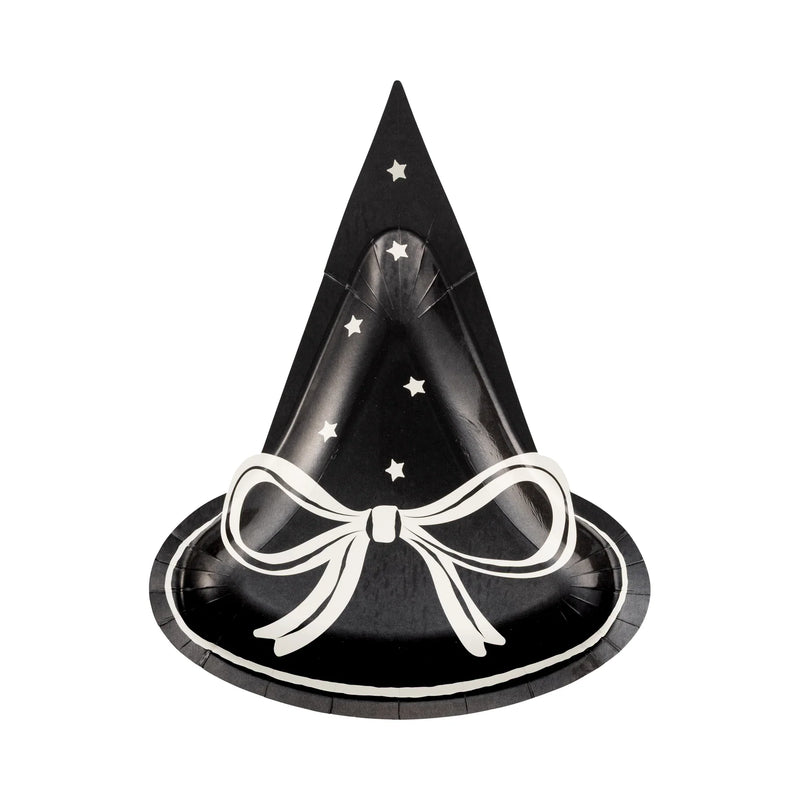 Halloween black witch hat shaped plate with a white bow and stars on a white background