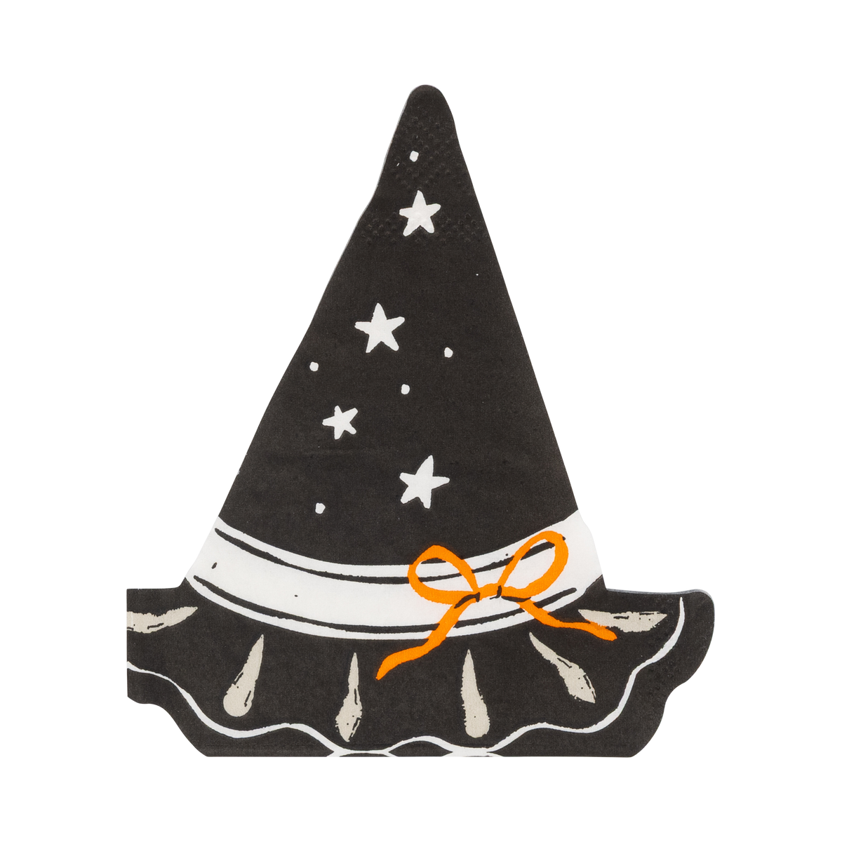 A single witch-hat-shaped napkin on a white background: black pointed hat die-cut, scattered white stars, white band, orange tied bow, and a ruffled scalloped brim with cream accents. Clean overhead product shot.