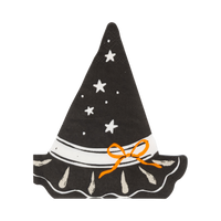 A single witch-hat-shaped napkin on a white background: black pointed hat die-cut, scattered white stars, white band, orange tied bow, and a ruffled scalloped brim with cream accents. Clean overhead product shot.