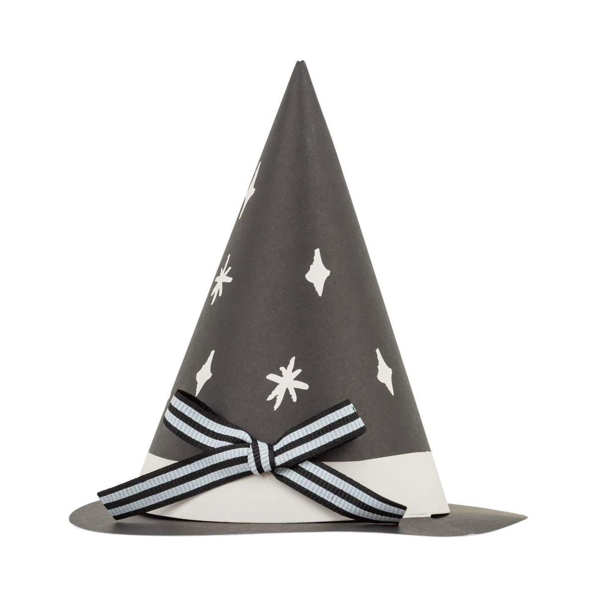 Single black and cream paper witch hat treat holder with a striped fabric bow, 5" tall, front view on white background.