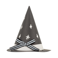 Single black and cream paper witch hat treat holder with a striped fabric bow, 5" tall, front view on white background.