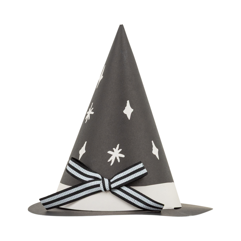 Single black and cream paper witch hat treat holder with a striped fabric bow, 5" tall, front view on white background.