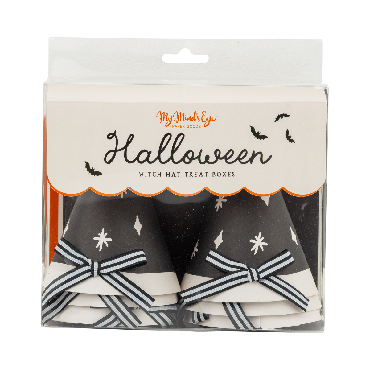Front of the witch hat treat holders packaging — black box with an orange "Halloween" header showing the hats inside.