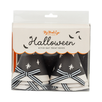 Front of the witch hat treat holders packaging — black box with an orange "Halloween" header showing the hats inside.