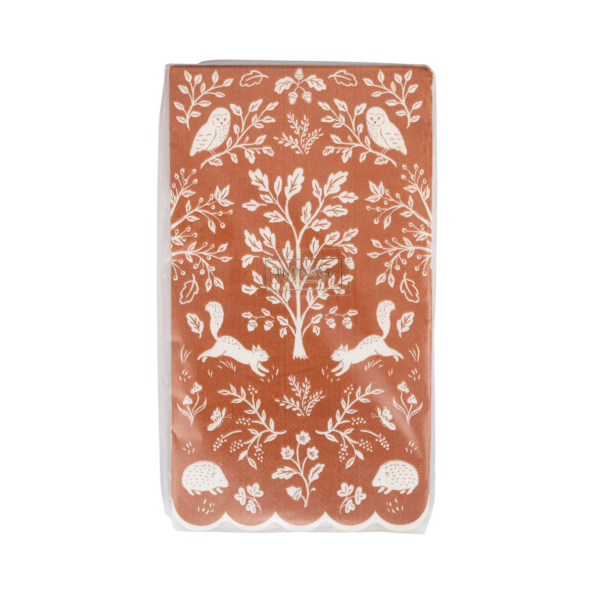 Top-down studio shot of the rectangular Acorn Grove woodland paper dinner napkin against a white background.