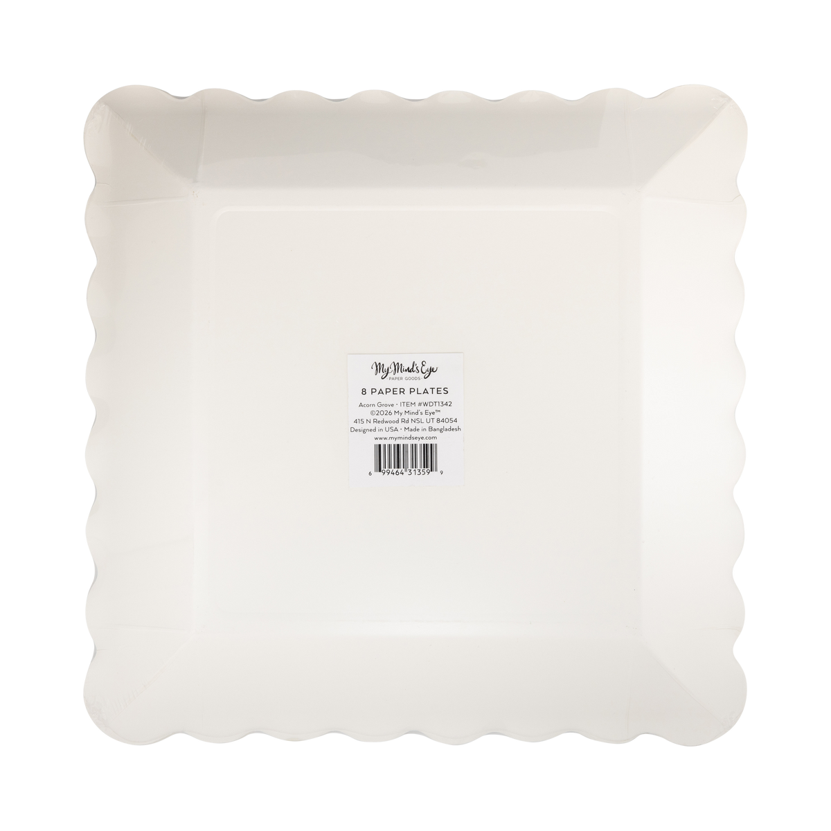 Back of the woodland paper plate showing the plain cream square shape and "8 Paper Plates" packaging label.