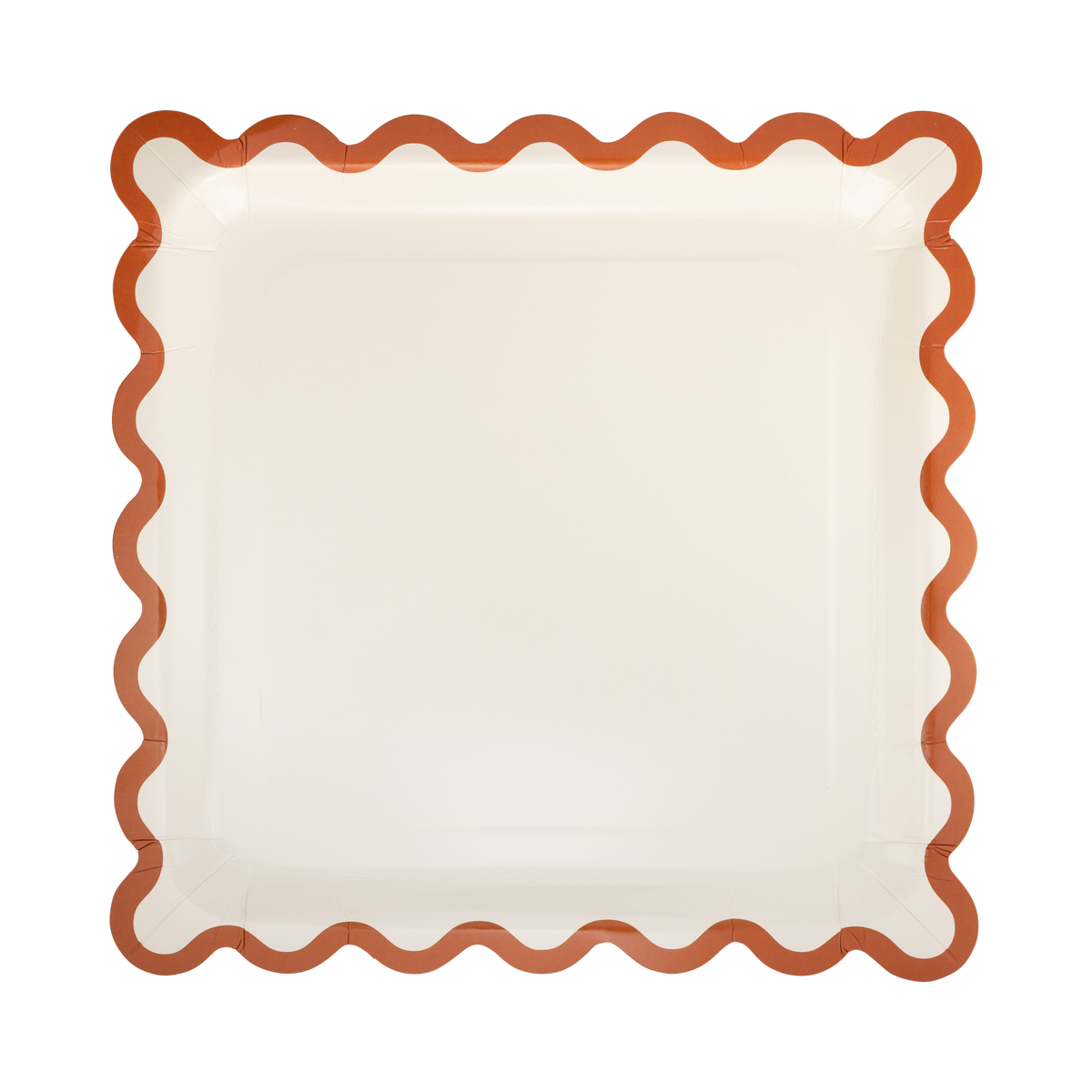 Cream square paper plates with a rust ric rac scalloped edge, set of 8