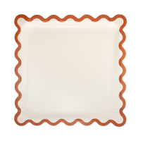 Cream square paper plates with a rust ric rac scalloped edge, set of 8