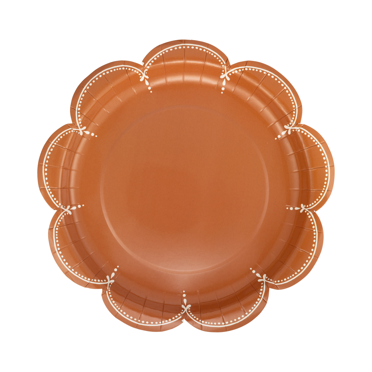 Rust scalloped paper plates with white dotted trim, set of 8, from the Woodland Thanksgiving kit
