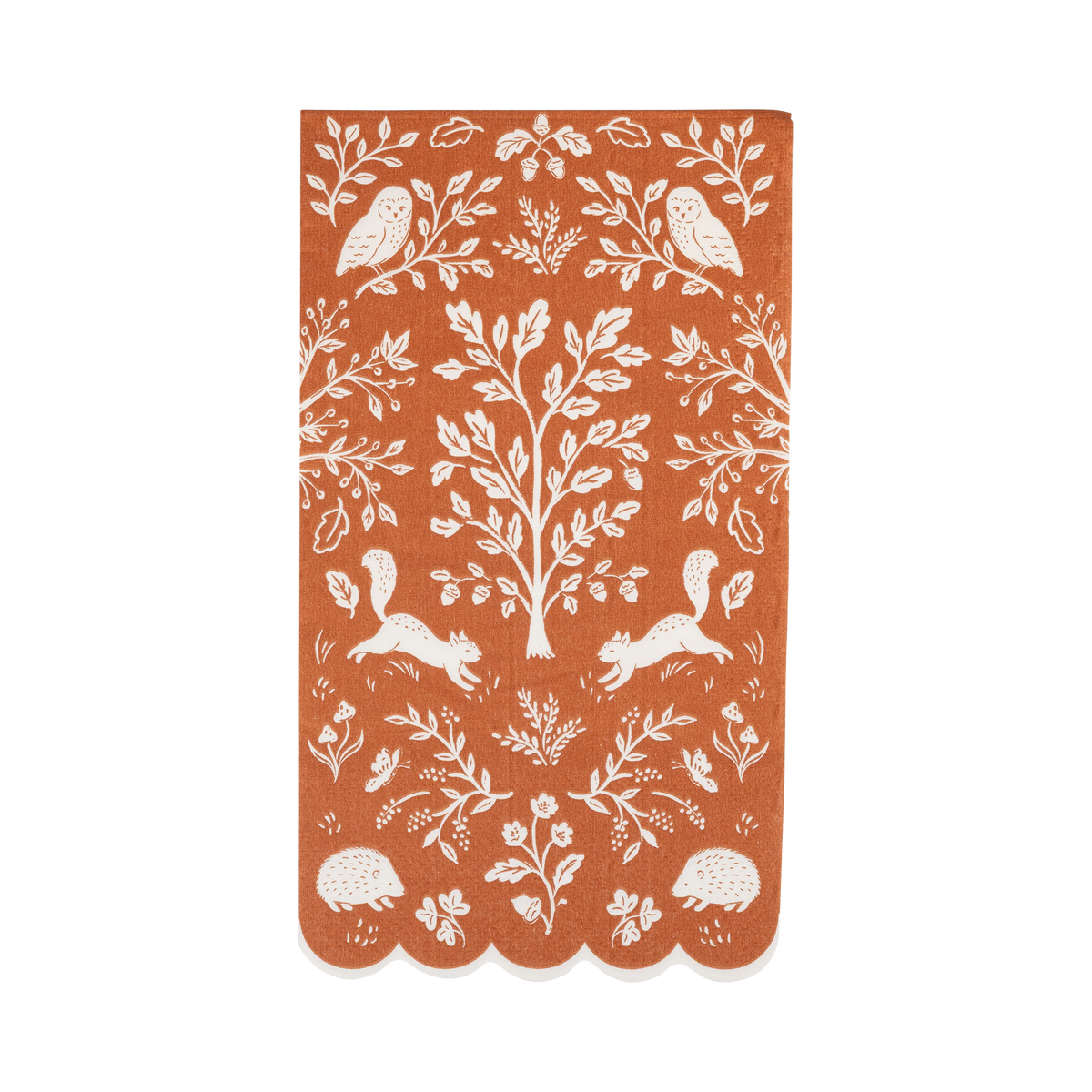 Rust paper dinner napkins with a white woodland animal print, set of 24
