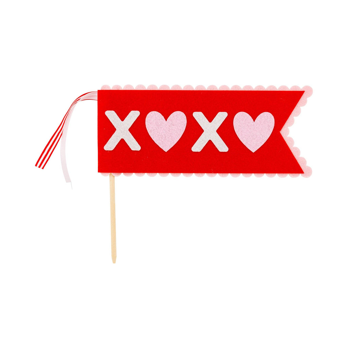 XOXO felt pennant in red with pink hearts and white letters on wooden dowel
