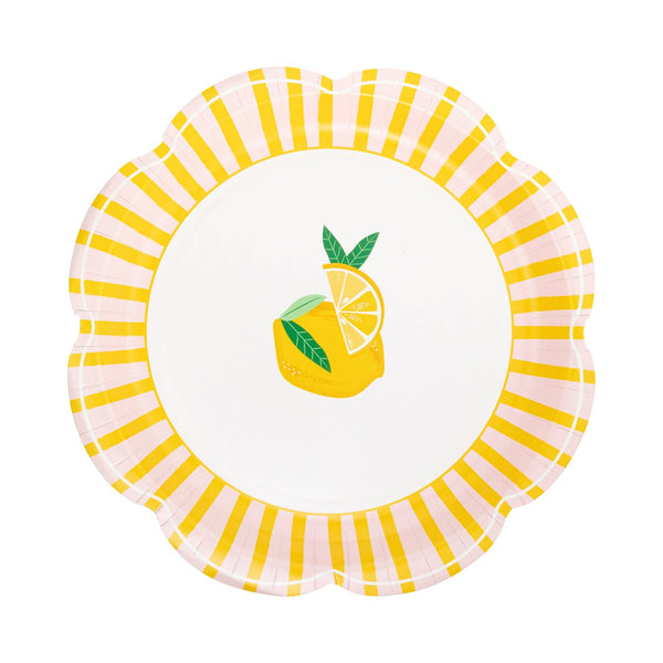 Yellow and pink striped scalloped plate with lemon illustration center