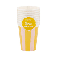 Pack of yellow and pink striped party cups in plastic wrap
