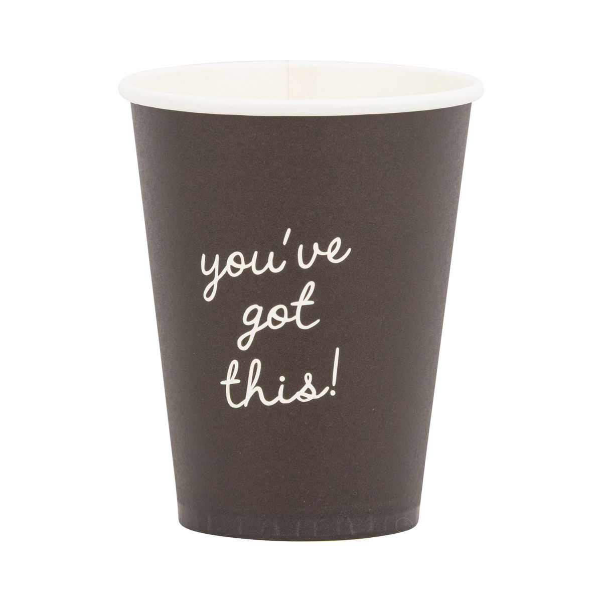 Single black 12 oz paper party cup on a white background showing "you've got this!" in cream script lettering with cream interior