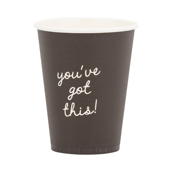 Single black 12 oz paper party cup on a white background showing "you've got this!" in cream script lettering with cream interior