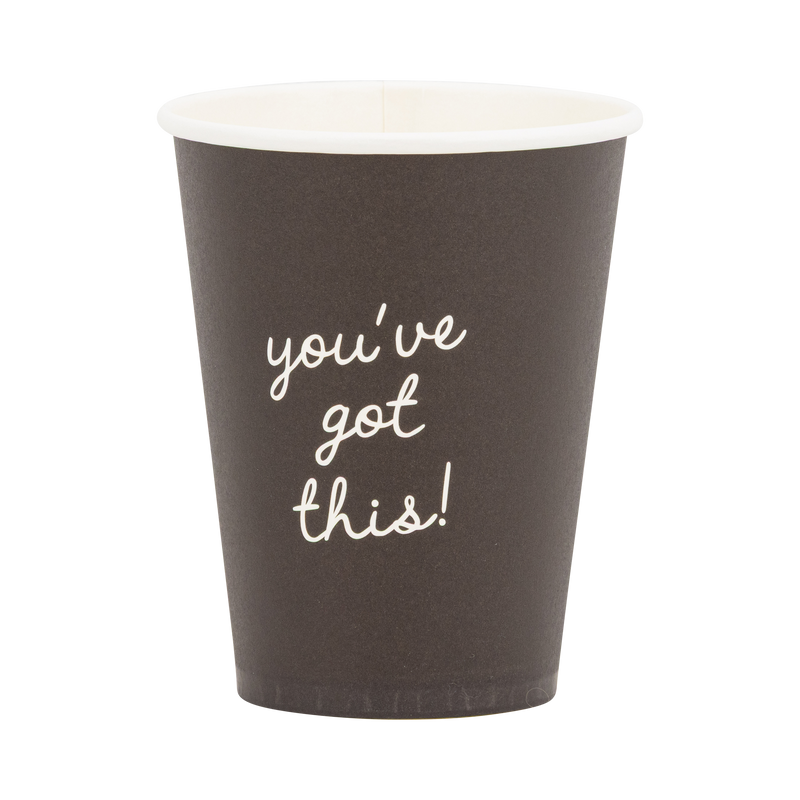 Single black 12 oz paper party cup on a white background showing "you've got this!" in cream script lettering with cream interior