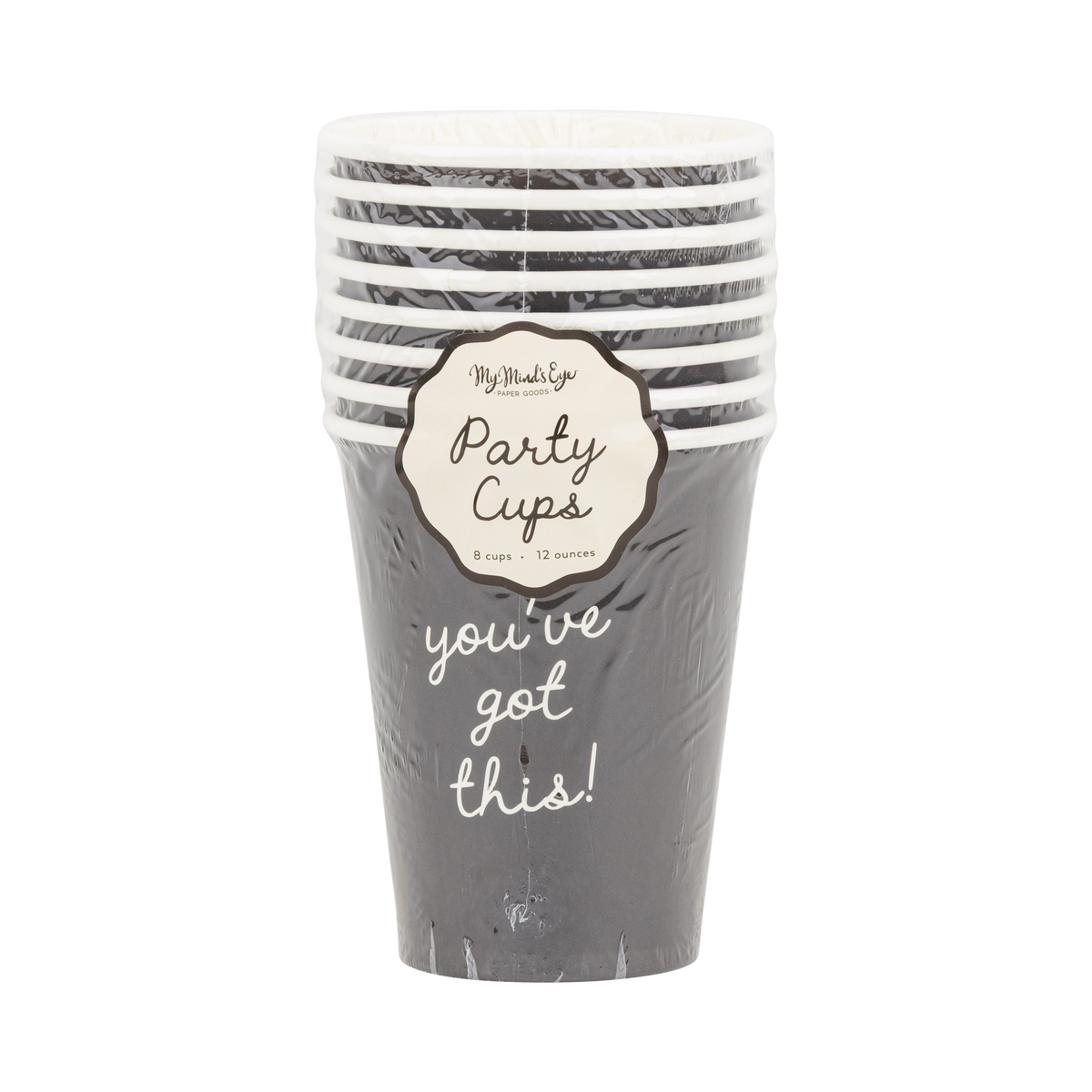 Front view of black 12 oz paper party cup stack with cream scalloped Party Cups label showing 8 cups and 12 ounces