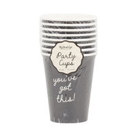 Front view of black 12 oz paper party cup stack with cream scalloped Party Cups label showing 8 cups and 12 ounces